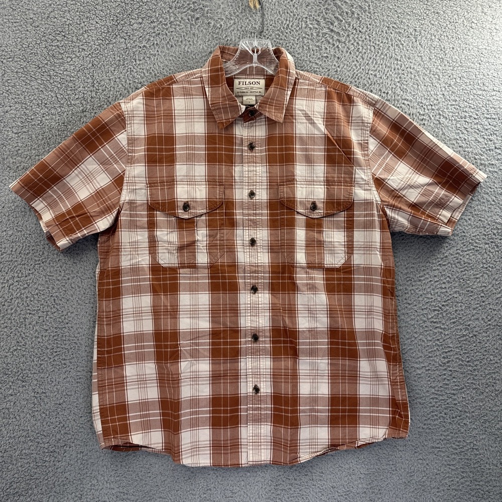 Filson Short Sleeve Button Up Shirt Brown Plaid 100% Cotton Preppy Men's Large